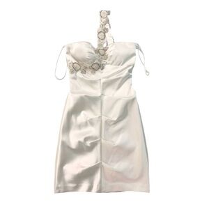 Cache Ivory Pearl Ruched Dress Satin Single Strap Beaded Bridal Engagement Sz 4